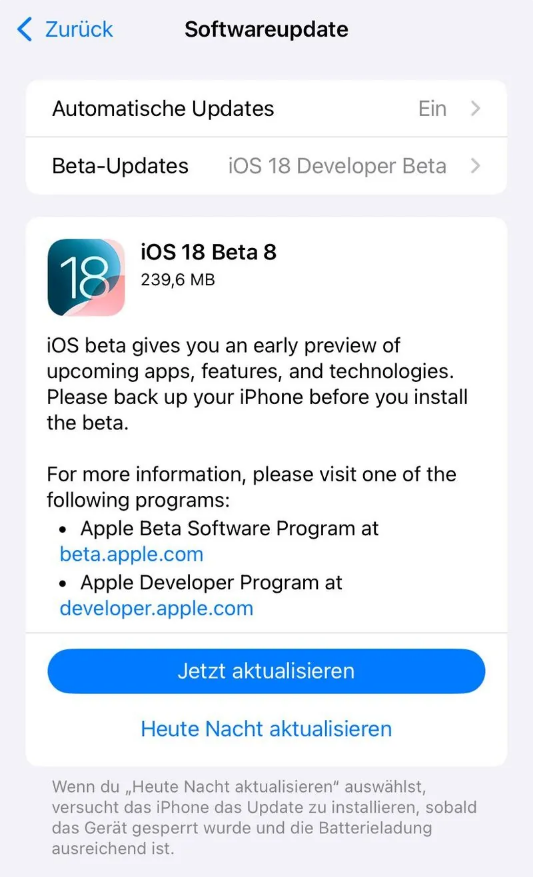 沙依巴克苹果手机维修分享苹果 iOS / iPadOS 18 开发者预览版 Beta 8 发布 